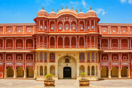 Photo of the ornate Chandra Mahal Palace within the City Palace complex in Jaipur, Rajasthan state, India.